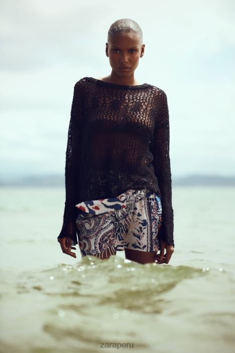 Zara mujer minifalda estampada con flecos BDP8J714 ropa azul blanco