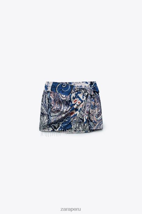 Zara mujer minifalda estampada con flecos BDP8J714 ropa azul blanco