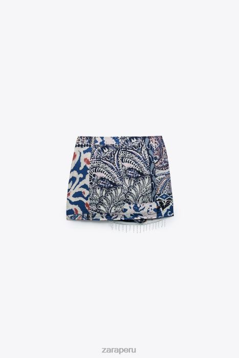 Zara mujer minifalda estampada con flecos BDP8J714 ropa azul blanco