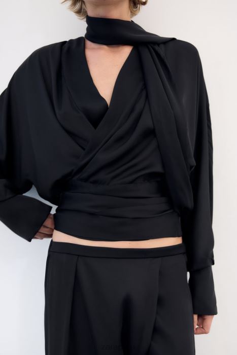 Zara mujer pantalones anchos de satén BDP8J834 ropa negro