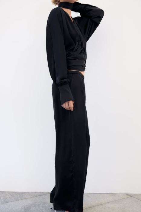 Zara mujer pantalones anchos de satén BDP8J834 ropa negro