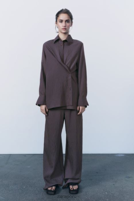 Zara mujer pantalones anchos minimalistas de rayas de la colección zw BDP8J496 ropa marrón/azul