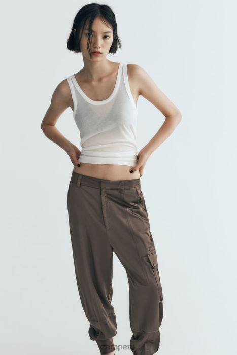 Zara mujer pantalones deportivos con efecto satinado BDP8J494 ropa caqui