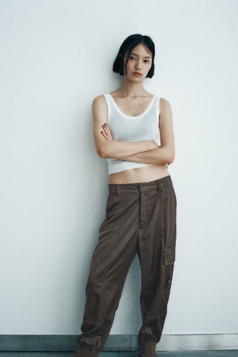 Zara mujer pantalones deportivos con efecto satinado BDP8J494 ropa caqui