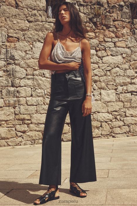 Zara mujer pantalones rectos zw marine de piel sintética con talle alto BDP8J491 ropa negro