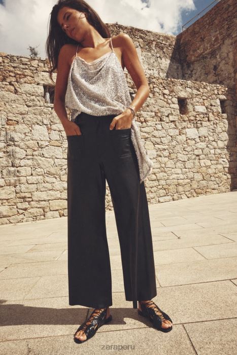 Zara mujer pantalones rectos zw marine de piel sintética con talle alto BDP8J491 ropa negro