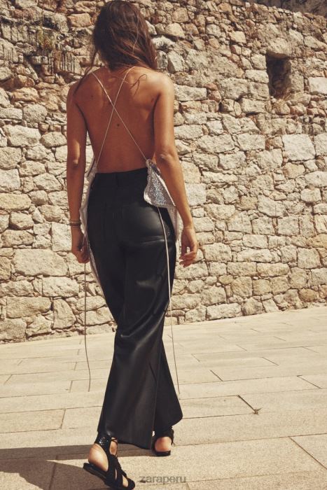 Zara mujer pantalones rectos zw marine de piel sintética con talle alto BDP8J491 ropa negro