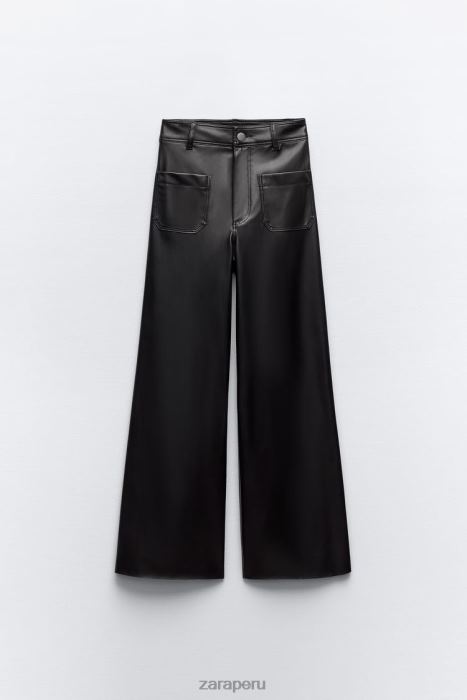Zara mujer pantalones rectos zw marine de piel sintética con talle alto BDP8J491 ropa negro