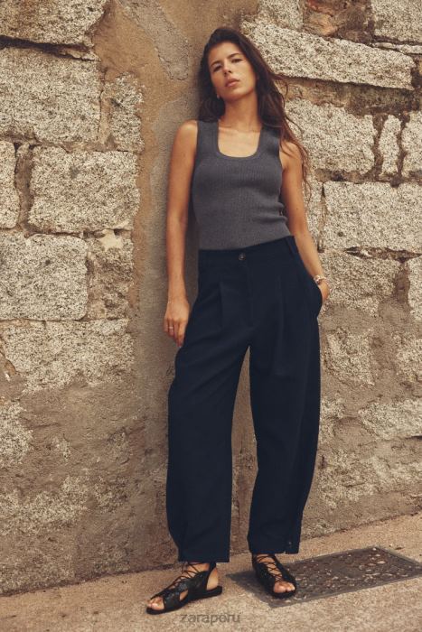 Zara mujer pantalones tapered con pliegues BDP8J492 ropa Azul marino