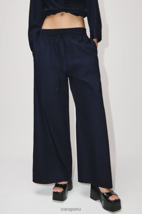 Zara mujer pantalones anchos de popelina BDP8J931 ropa Azul marino