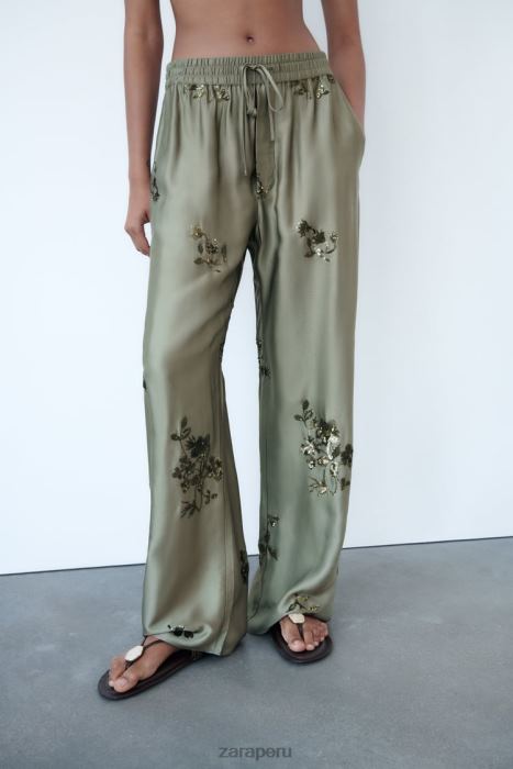 Zara mujer pantalones con efecto satinado de lentejuelas BDP8J927 ropa verde salvia