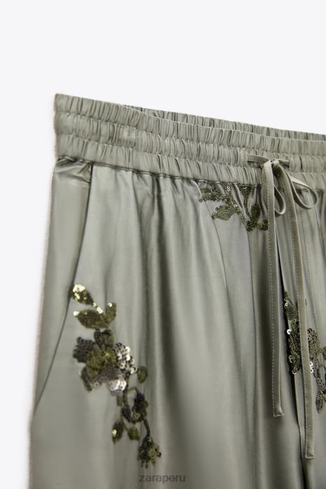 Zara mujer pantalones con efecto satinado de lentejuelas BDP8J927 ropa verde salvia