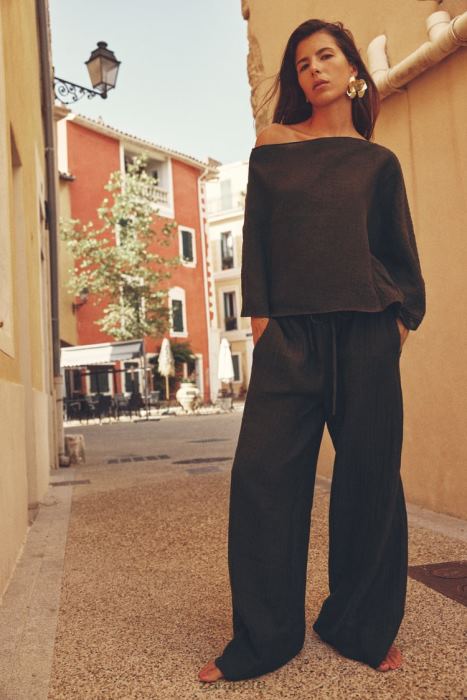 Zara mujer pantalones palazzo en mezcla de lino BDP8J932 ropa marron oscuro