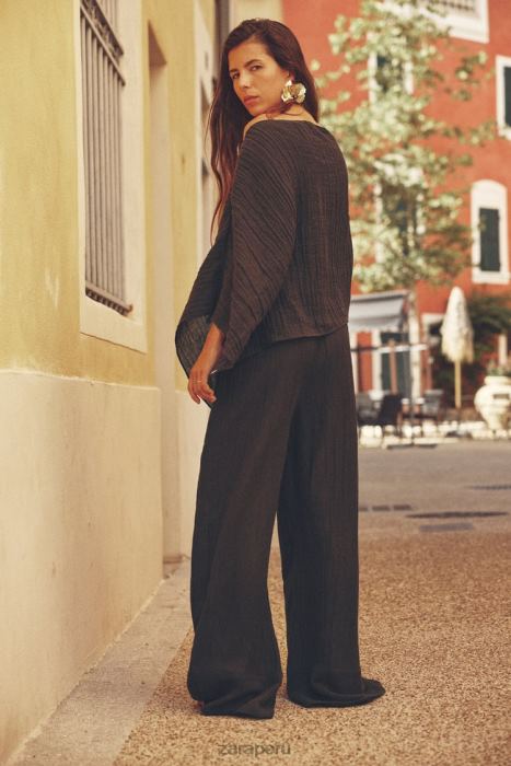Zara mujer pantalones palazzo en mezcla de lino BDP8J932 ropa marron oscuro