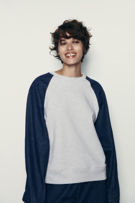 Zara mujer sudadera combinada de mezclilla BDP8J917 ropa gris/azul