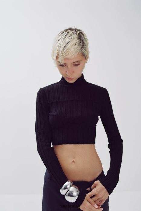 Zara mujer suéter corto de punto de canalé BDP8J480 ropa negro