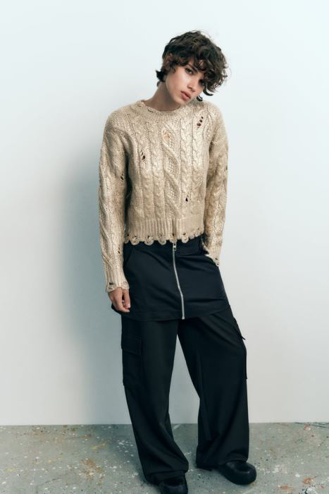 Zara mujer suéter tejido de ochos metalizado BDP8J941 ropa visón claro