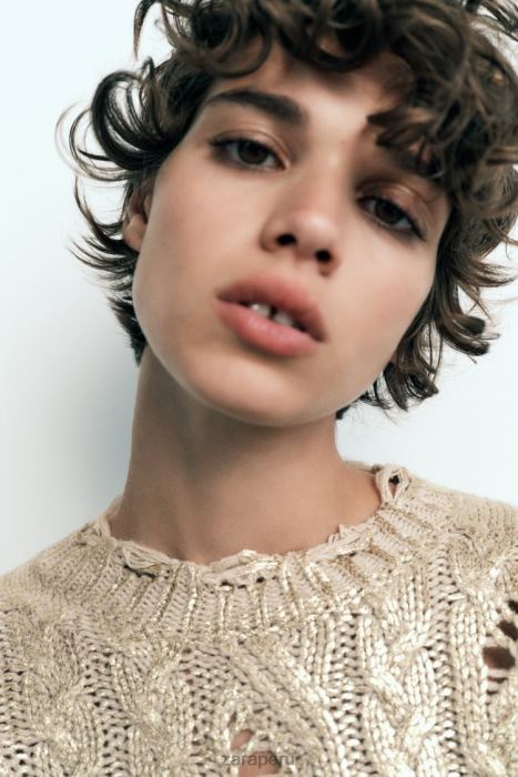 Zara mujer suéter tejido de ochos metalizado BDP8J941 ropa visón claro