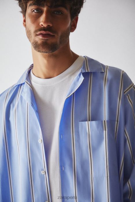 Zara mujer camisa de algodón a rayas BDP8J1793 ropa azul