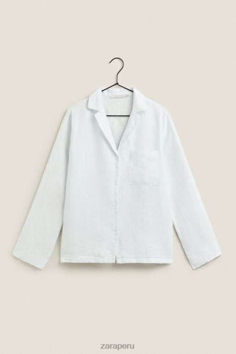 Zara mujer camisa de lino a rayas BDP8J1806 ropa azul claro