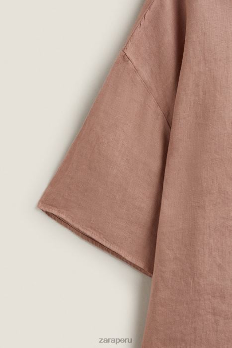 Zara mujer camisa de lino de manga corta BDP8J1816 ropa Rosa palido