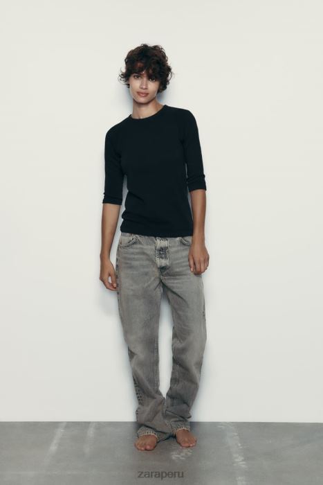 Zara mujer camiseta de algodón flameado pesado BDP8J943 ropa negro