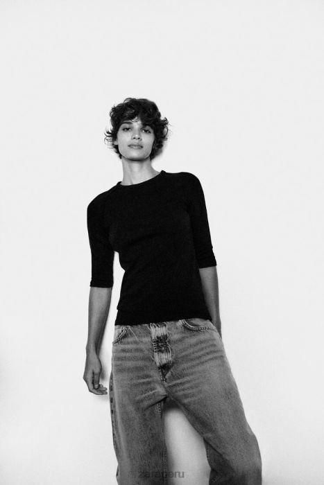 Zara mujer camiseta de algodón flameado pesado BDP8J943 ropa negro