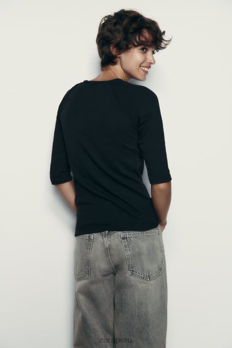 Zara mujer camiseta de algodón flameado pesado BDP8J943 ropa negro
