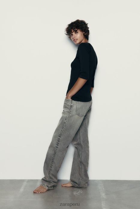 Zara mujer camiseta de algodón flameado pesado BDP8J943 ropa negro