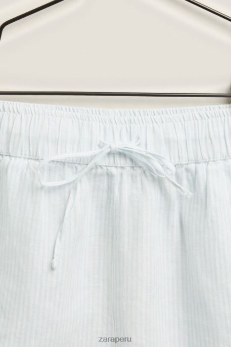 Zara mujer pantalones cortos de lino a rayas BDP8J1807 ropa azul claro