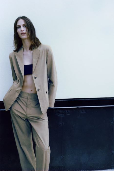 Zara mujer pantalones casuales de pierna recta BDP8J916 ropa caqui claro