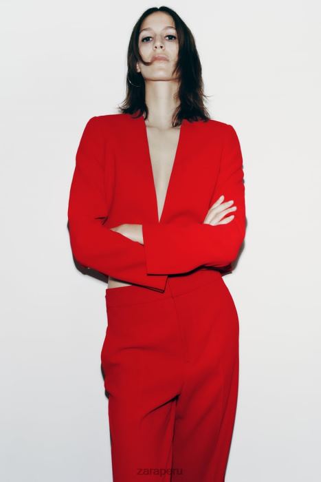 Zara mujer pantalones de talle alto y corte recto BDP8J888 ropa rojo brillante