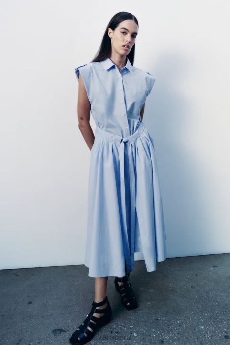 Zara mujer vestido camisero de popelina BDP8J238 ropa cielo azul