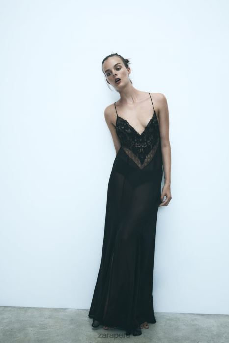 Zara mujer vestido de georgette con ribete de guipur BDP8J236 ropa negro