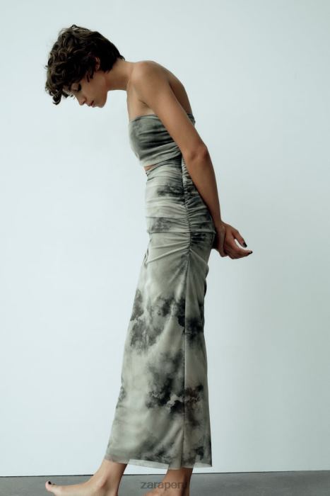 Zara mujer vestido de tul estampado con aberturas BDP8J244 ropa verduras