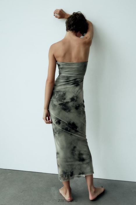 Zara mujer vestido de tul estampado con aberturas BDP8J244 ropa verduras