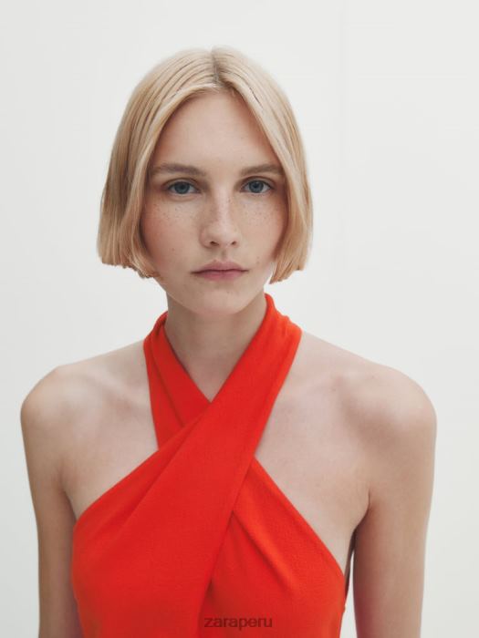 Zara mujer vestido fruncido cruzado con cuello halter BDP8J860 ropa naranja