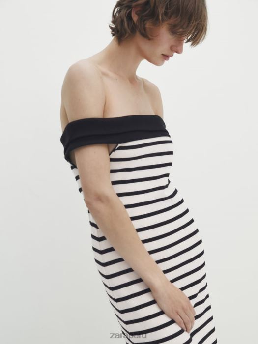 Zara mujer vestido midi de rayas con cuello barco en contraste BDP8J866 ropa ostra blanca