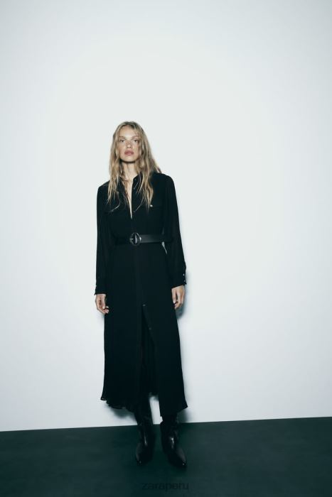 Zara mujer vestido midi plisado con cinturón BDP8J232 ropa negro