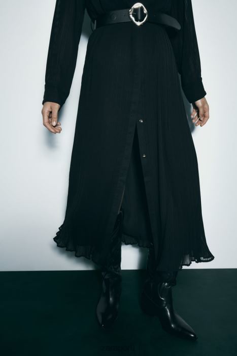 Zara mujer vestido midi plisado con cinturón BDP8J232 ropa negro