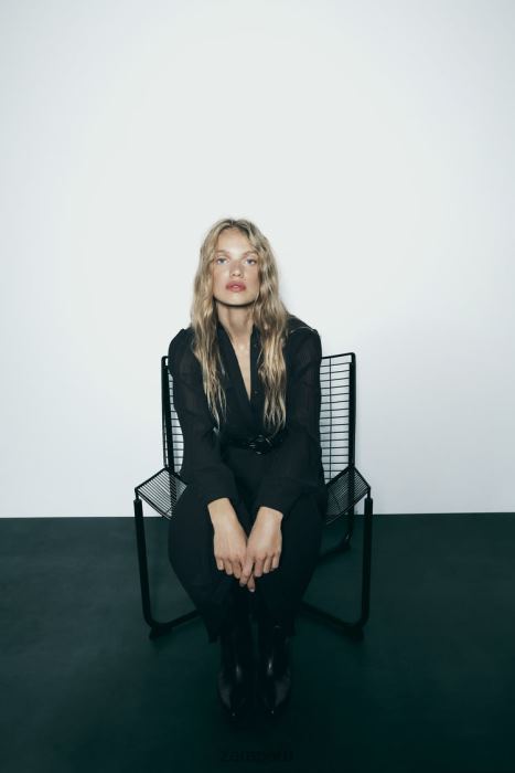 Zara mujer vestido midi plisado con cinturón BDP8J232 ropa negro