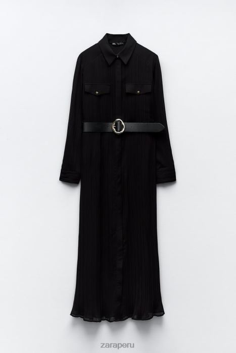 Zara mujer vestido midi plisado con cinturón BDP8J232 ropa negro
