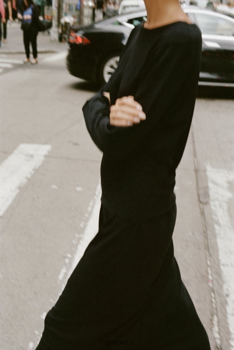 Zara mujer vestido midi tejido con fajín BDP8J228 ropa negro