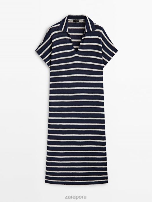 Zara mujer vestido tipo polo texturizado en mezcla de algodón a rayas BDP8J838 ropa Azul marino