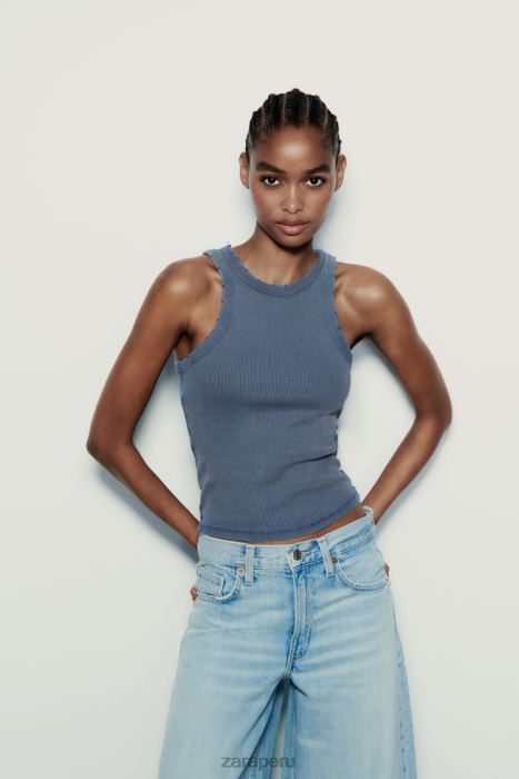 Zara mujer camiseta sin mangas de canalé lavada BDP8J274 ropa azul