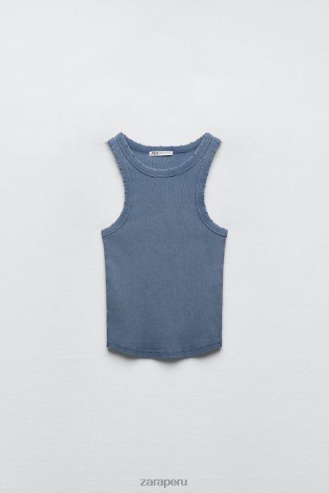 Zara mujer camiseta sin mangas de canalé lavada BDP8J274 ropa azul