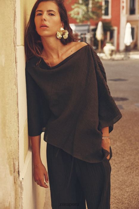 Zara mujer top asimétrico en mezcla de lino BDP8J280 ropa marron oscuro