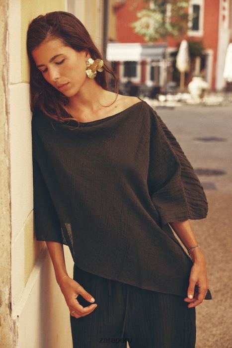 Zara mujer top asimétrico en mezcla de lino BDP8J280 ropa marron oscuro
