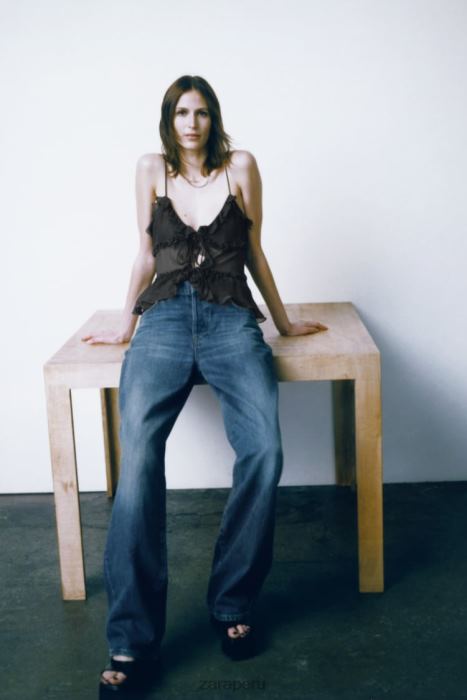 Zara mujer top semitransparente con volantes BDP8J271 ropa gris antracita