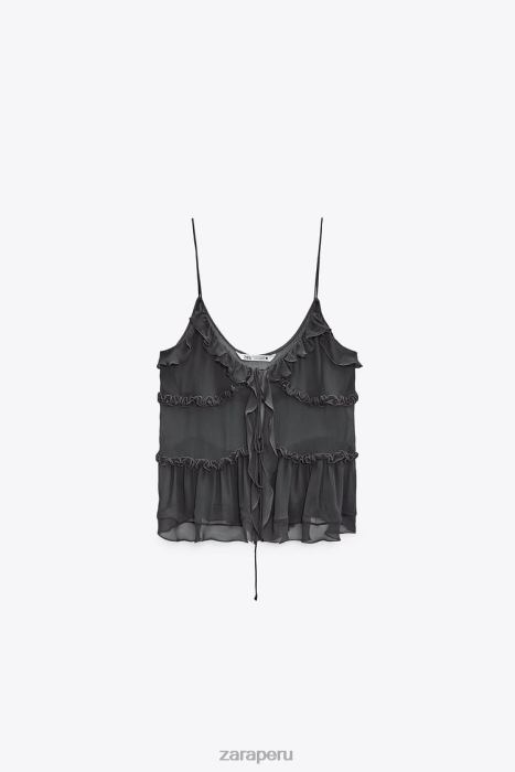 Zara mujer top semitransparente con volantes BDP8J271 ropa gris antracita